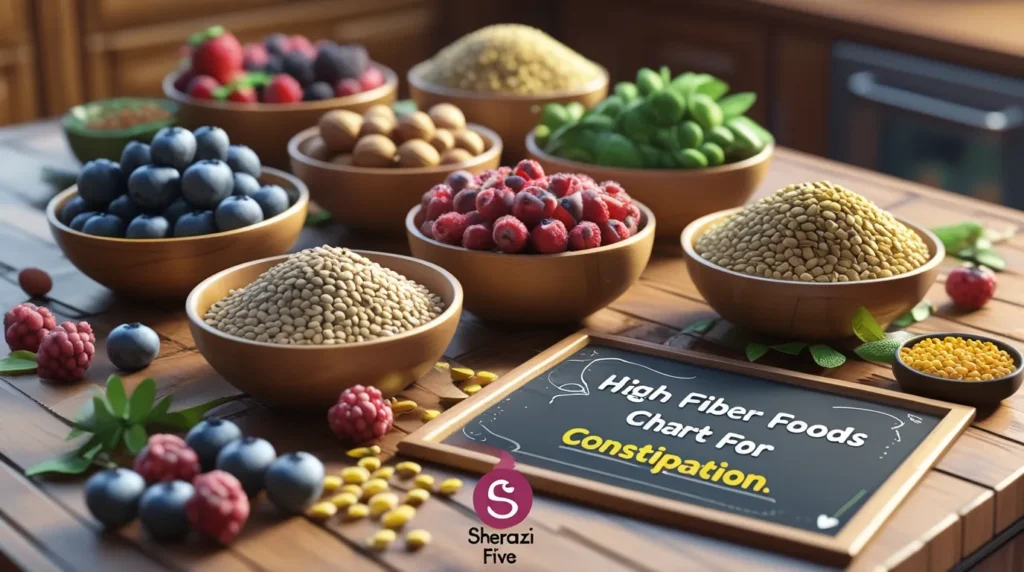 top-down view of high fiber foods like berries, lentils, and whole grains.