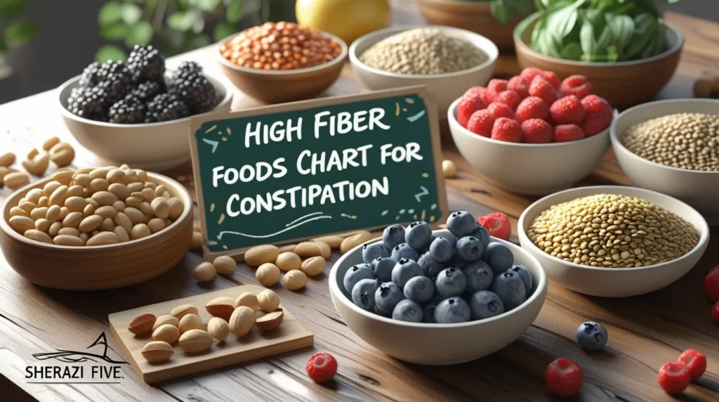 Healthy high fiber foods arranged neatly with title “High Fiber Foods Chart for Constipation.