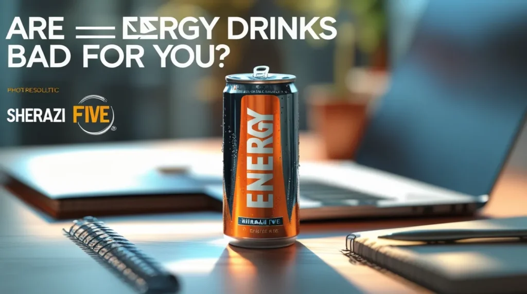 Coffee cup next to an energy drink can.
