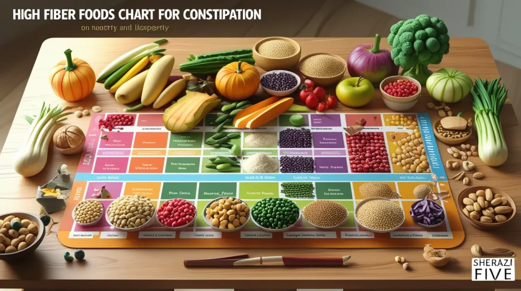 Prunes, apples, broccoli, and chia seeds displayed in a high fiber foods chart.